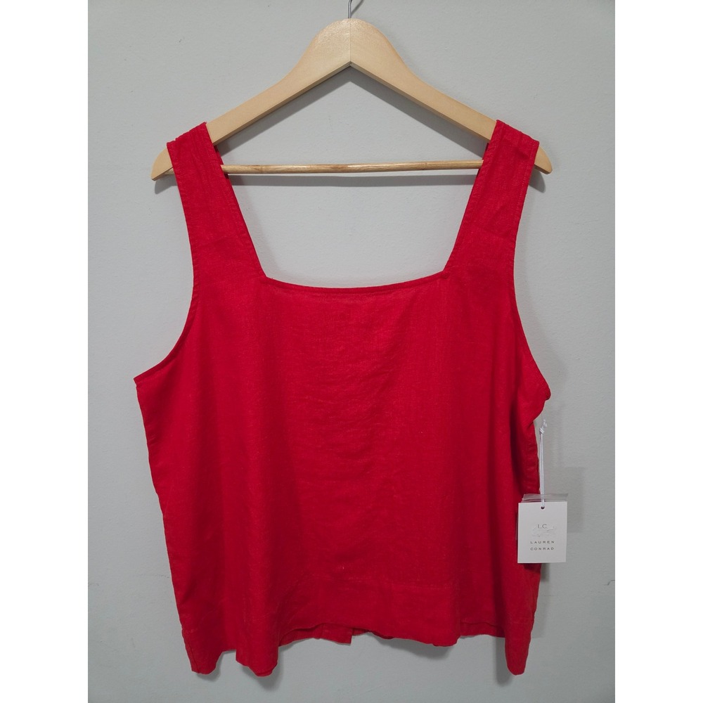LC Lauren Conrad Red Linen Blend Button‎ Back Tank Top XL Square Neck Sleeveless
